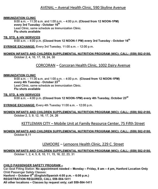 Kings County releases clinic schedules for October. Free flu shot drive slated for Oct. 25
